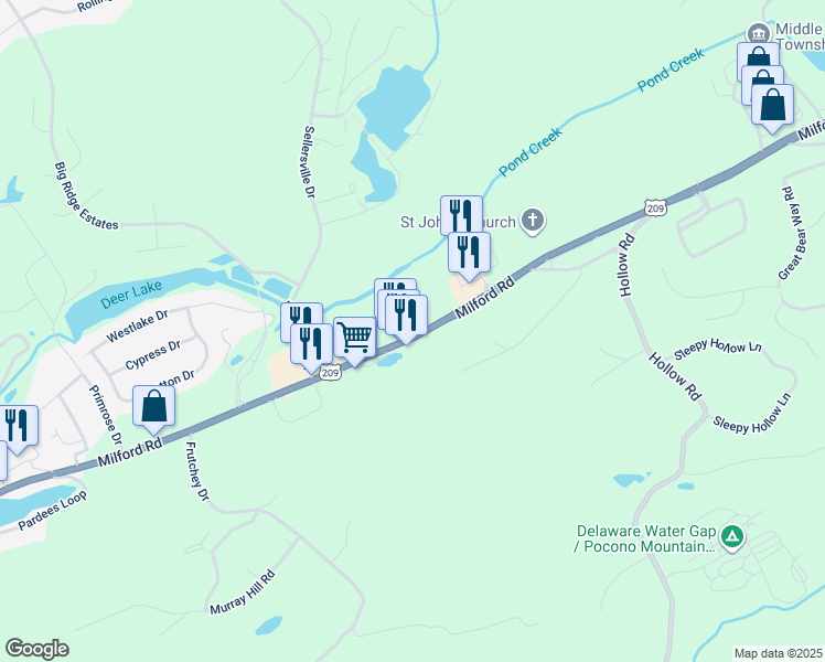 map of restaurants, bars, coffee shops, grocery stores, and more near 5147 Milford Road in East Stroudsburg