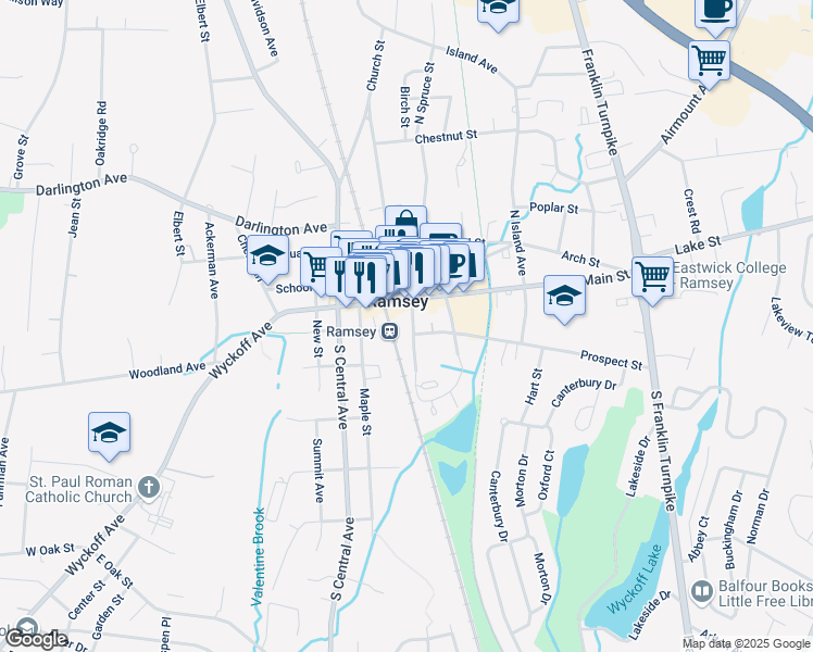 map of restaurants, bars, coffee shops, grocery stores, and more near 8 East Main Street in Ramsey