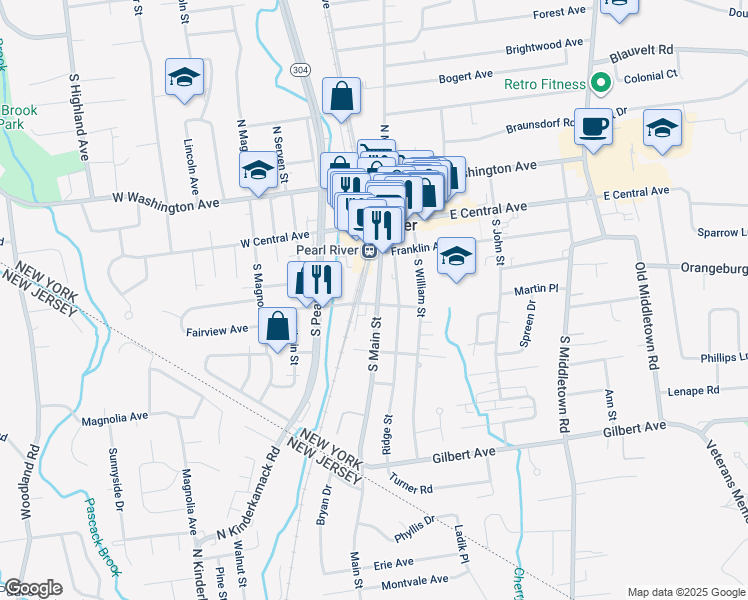 map of restaurants, bars, coffee shops, grocery stores, and more near 67 South Main Street in Pearl River