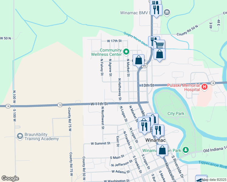 map of restaurants, bars, coffee shops, grocery stores, and more near 224 W 12th St in Winamac