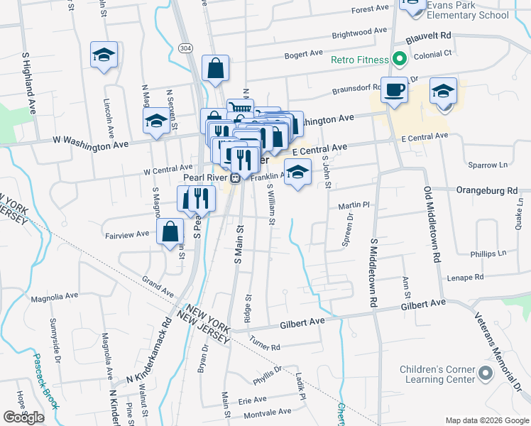 map of restaurants, bars, coffee shops, grocery stores, and more near 72 Ridge Street in Pearl River