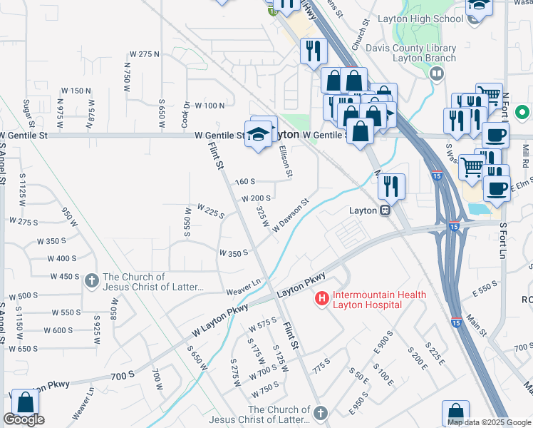 map of restaurants, bars, coffee shops, grocery stores, and more near 249 Melody Street in Layton