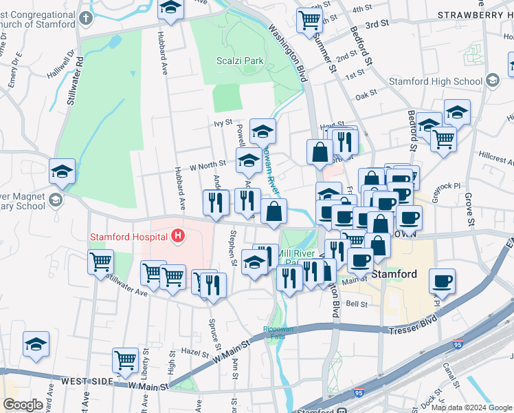 map of restaurants, bars, coffee shops, grocery stores, and more near 24 Adams Avenue in Stamford