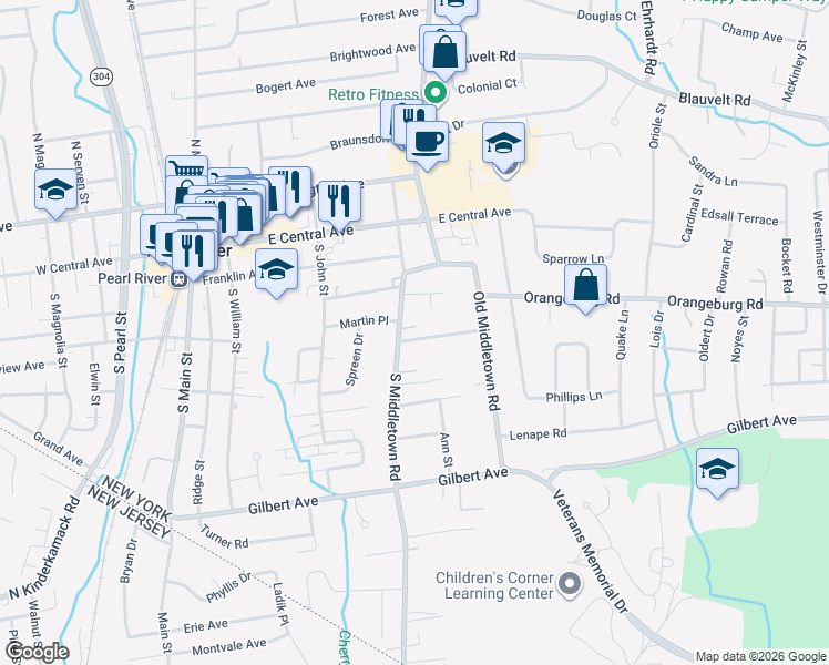 map of restaurants, bars, coffee shops, grocery stores, and more near 187 Rockland Road in Pearl River