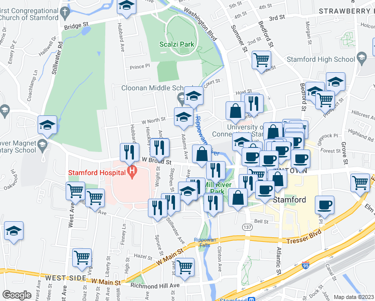 map of restaurants, bars, coffee shops, grocery stores, and more near 24 Adams Avenue in Stamford
