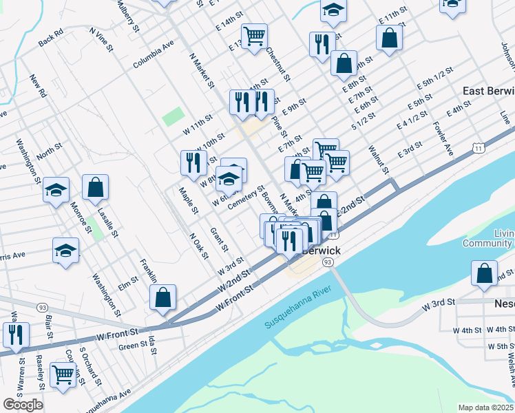 map of restaurants, bars, coffee shops, grocery stores, and more near 346 N Mulberry St in Berwick