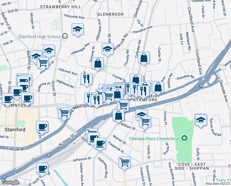map of restaurants, bars, coffee shops, grocery stores, and more near 29 Quintard Terrace in Stamford