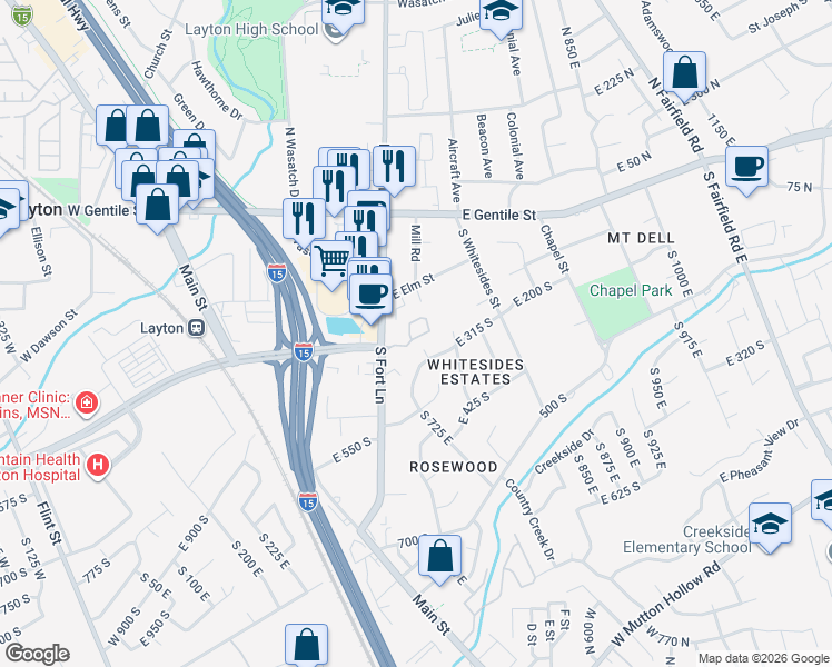 map of restaurants, bars, coffee shops, grocery stores, and more near 499 Twin Trees Lane in Layton