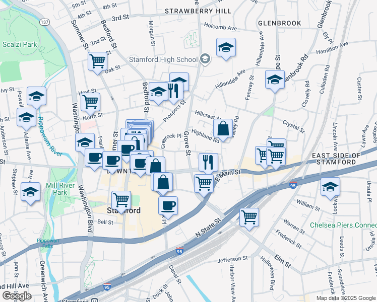 map of restaurants, bars, coffee shops, grocery stores, and more near 144 Forest Street in Stamford