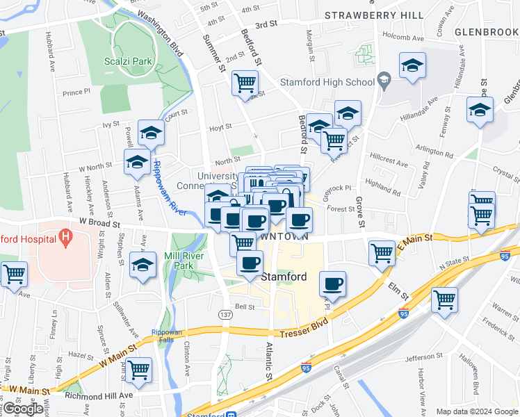map of restaurants, bars, coffee shops, grocery stores, and more near 460 Summer Street in Stamford