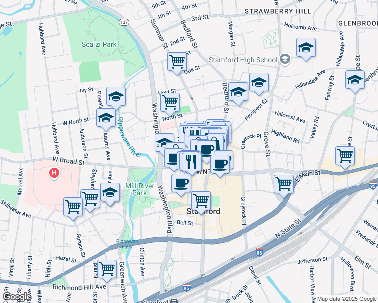 map of restaurants, bars, coffee shops, grocery stores, and more near 460 Summer Street in Stamford