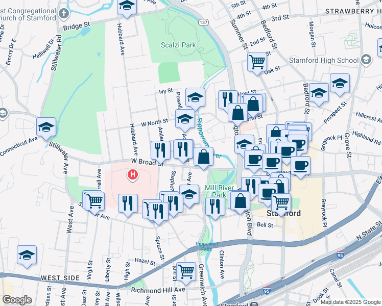 map of restaurants, bars, coffee shops, grocery stores, and more near 24 Adams Avenue in Stamford