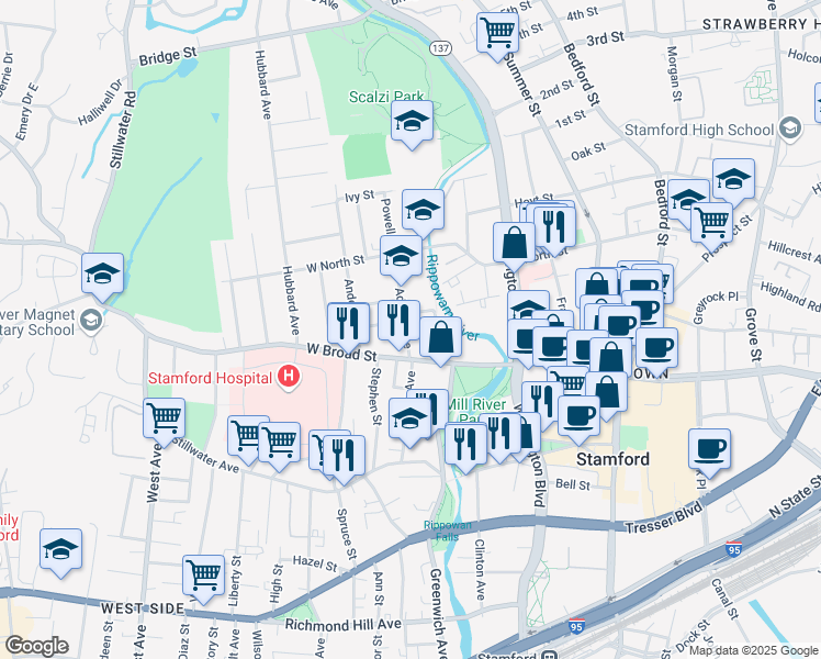 map of restaurants, bars, coffee shops, grocery stores, and more near 24 Adams Avenue in Stamford