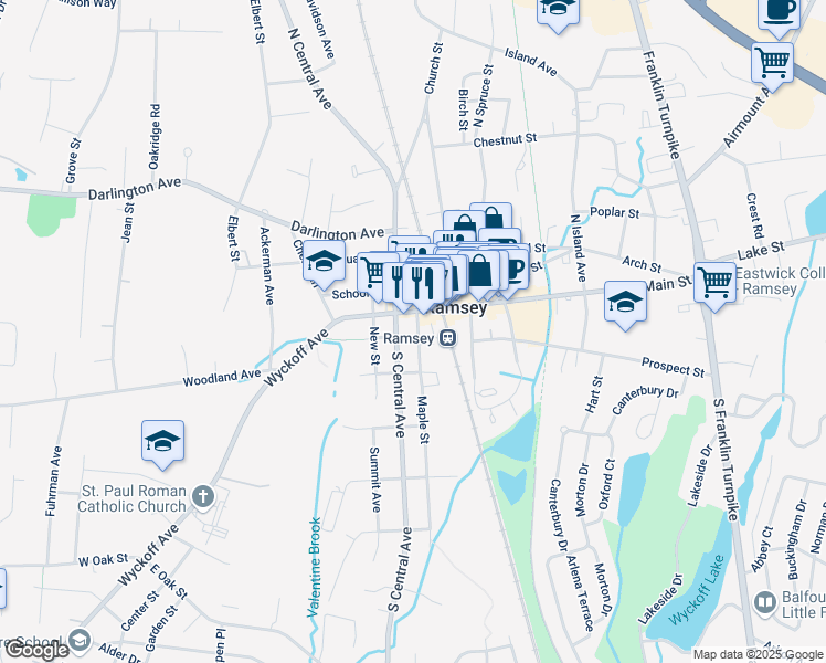 map of restaurants, bars, coffee shops, grocery stores, and more near 20 South Central Avenue in Ramsey