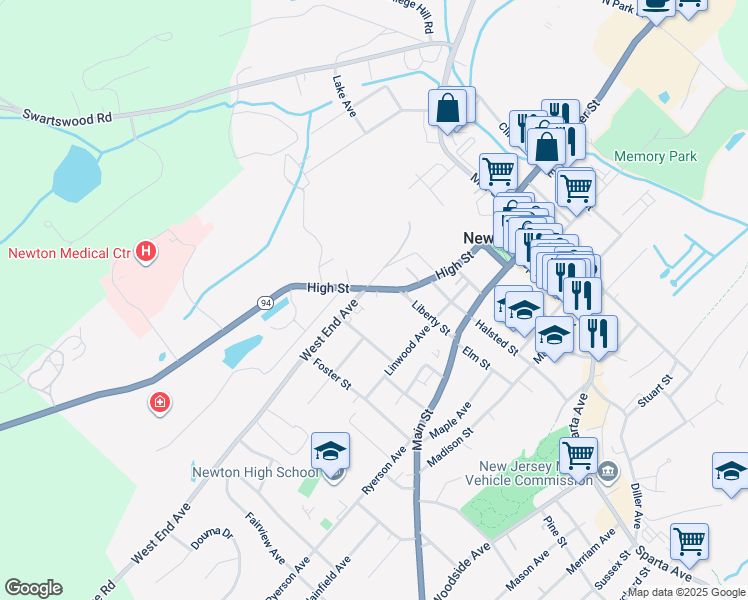 map of restaurants, bars, coffee shops, grocery stores, and more near 102 High Street in Newton