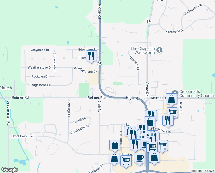 map of restaurants, bars, coffee shops, grocery stores, and more near 1293 High Street in Wadsworth