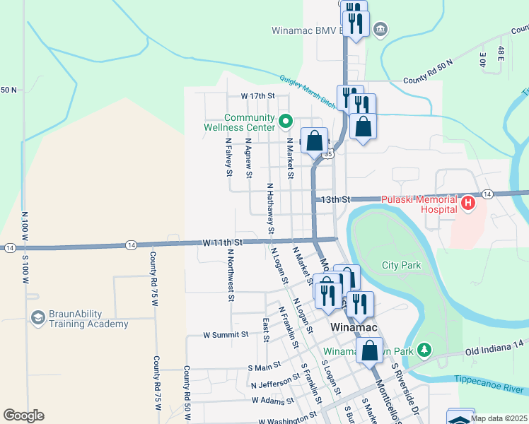 map of restaurants, bars, coffee shops, grocery stores, and more near 224 West 12th Street in Winamac