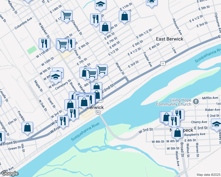 map of restaurants, bars, coffee shops, grocery stores, and more near 228 East 2nd Street in Berwick