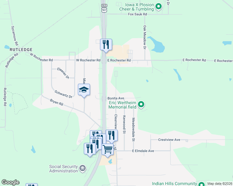 map of restaurants, bars, coffee shops, grocery stores, and more near 201-299 Bonita Ave in Ottumwa
