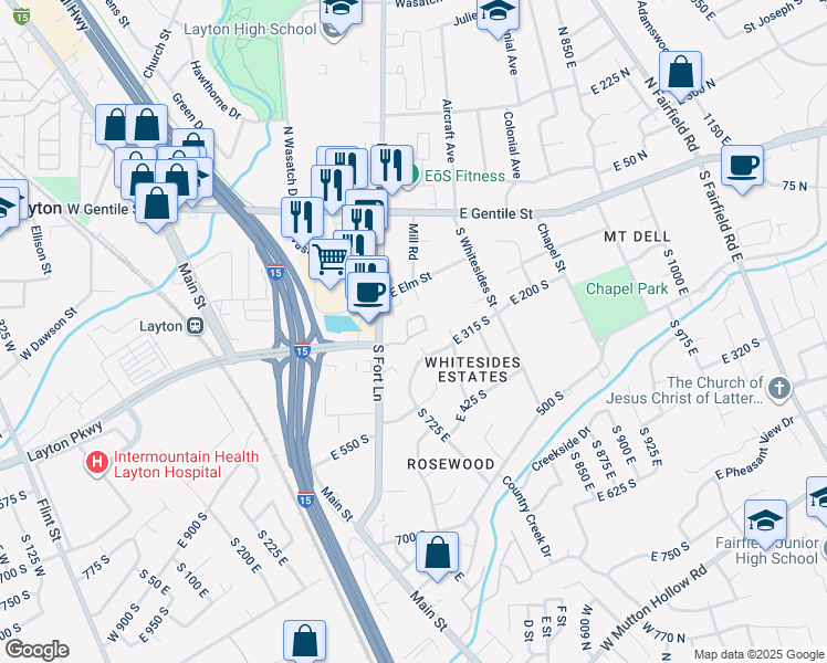 map of restaurants, bars, coffee shops, grocery stores, and more near 551 Twin Trees Lane in Layton