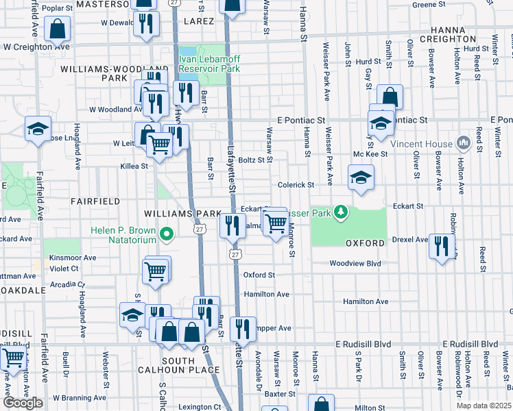 map of restaurants, bars, coffee shops, grocery stores, and more near 437 Eckart Street in Fort Wayne