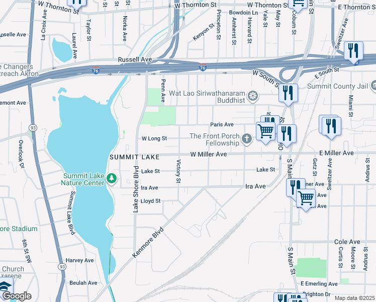 map of restaurants, bars, coffee shops, grocery stores, and more near 211 West Miller Avenue in Akron