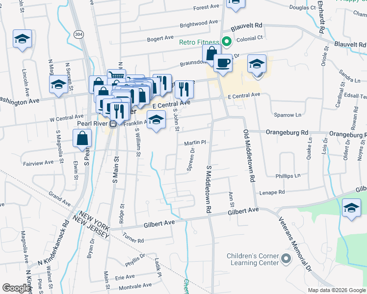 map of restaurants, bars, coffee shops, grocery stores, and more near 126 Martin Place in Pearl River