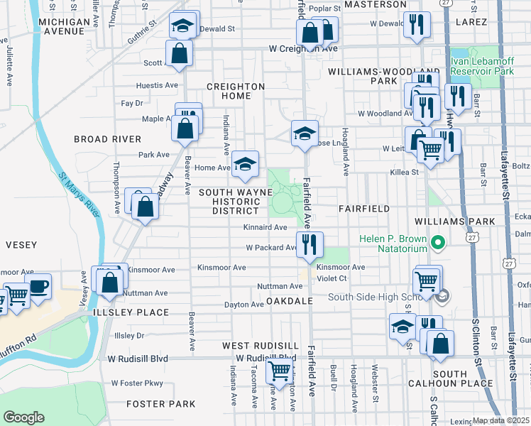 map of restaurants, bars, coffee shops, grocery stores, and more near 701 W Wildwood Ave in Fort Wayne