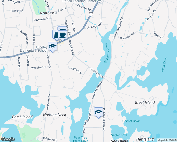 map of restaurants, bars, coffee shops, grocery stores, and more near 31 Harbor Road in Darien