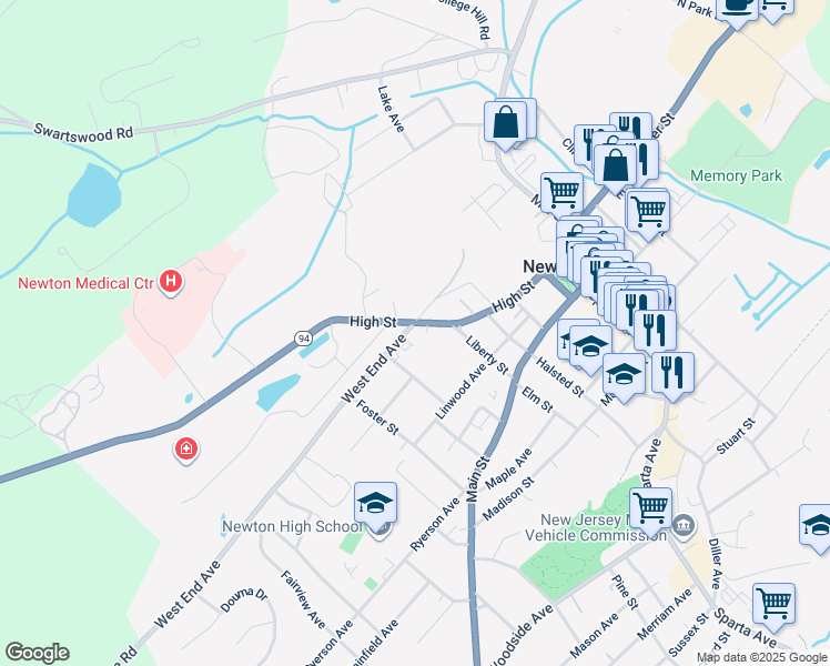 map of restaurants, bars, coffee shops, grocery stores, and more near 102 High Street in Newton