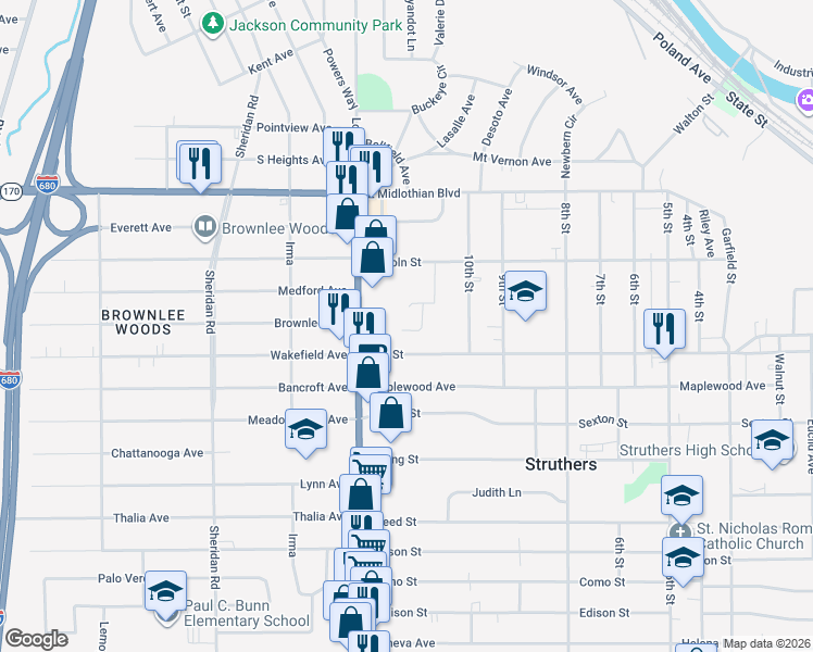 map of restaurants, bars, coffee shops, grocery stores, and more near 645 Elm Street in Struthers