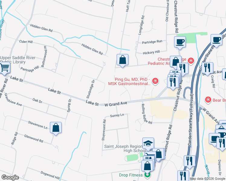 map of restaurants, bars, coffee shops, grocery stores, and more near 7 Lomas Lane in Montvale