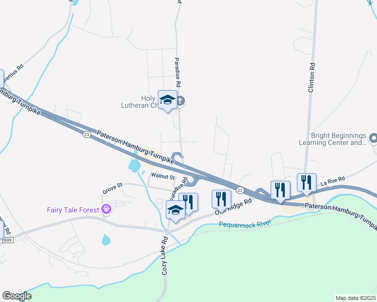 map of restaurants, bars, coffee shops, grocery stores, and more near 74 Paradise Road in West Milford