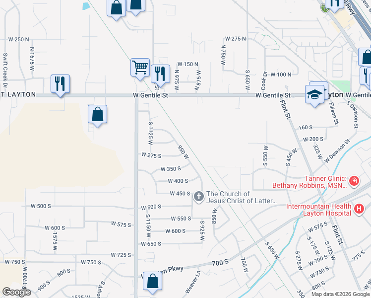 map of restaurants, bars, coffee shops, grocery stores, and more near 257 S 950 W in Layton