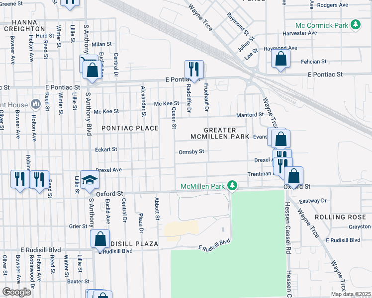map of restaurants, bars, coffee shops, grocery stores, and more near 2423 Ormsby Street in Fort Wayne