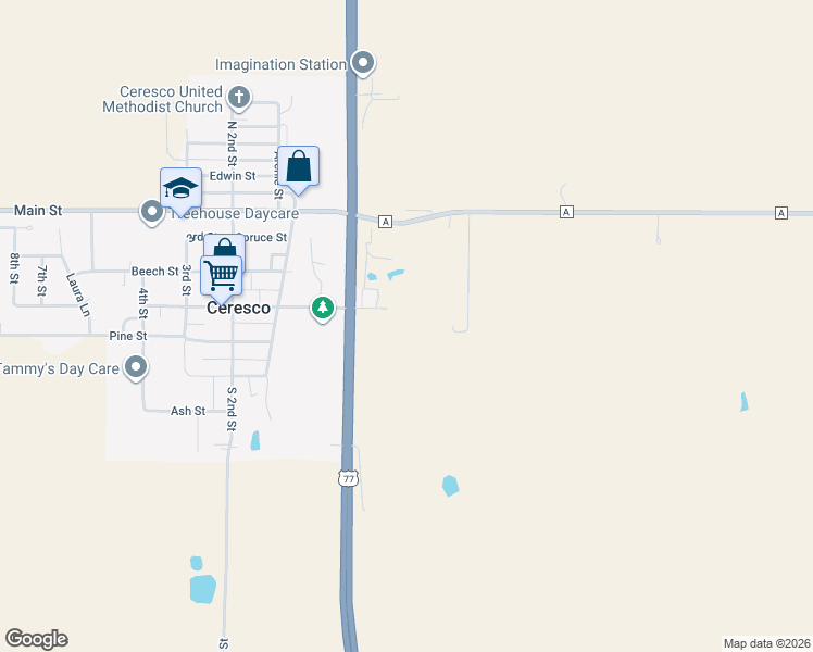 map of restaurants, bars, coffee shops, grocery stores, and more near 440 East Elm Street in Ceresco