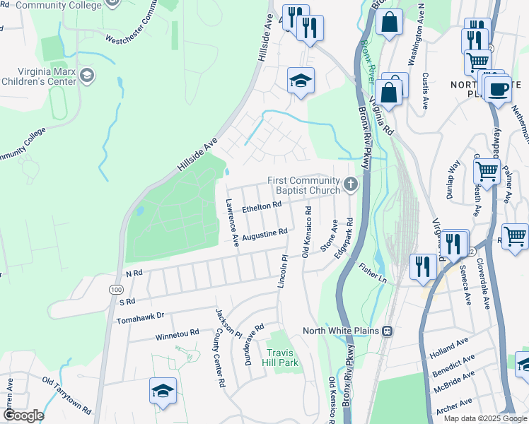 map of restaurants, bars, coffee shops, grocery stores, and more near 27 Cummings Avenue North in White Plains