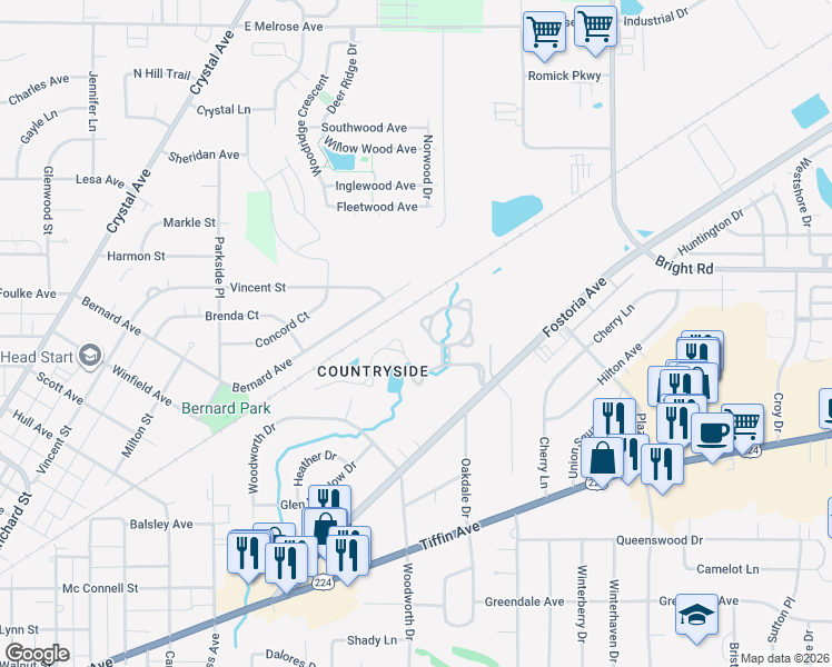 map of restaurants, bars, coffee shops, grocery stores, and more near 1428 Plum Creek Dr in Findlay