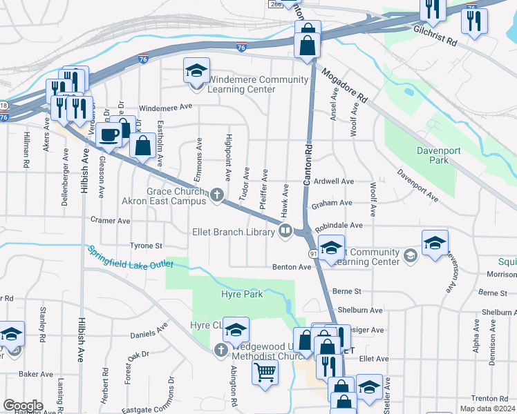 map of restaurants, bars, coffee shops, grocery stores, and more near 2415 East Market Street in Akron