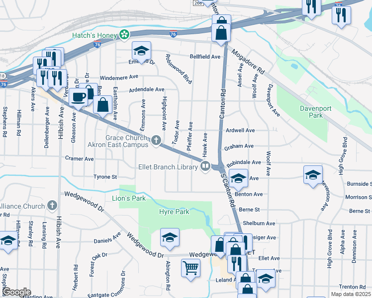map of restaurants, bars, coffee shops, grocery stores, and more near 2415 East Market Street in Akron