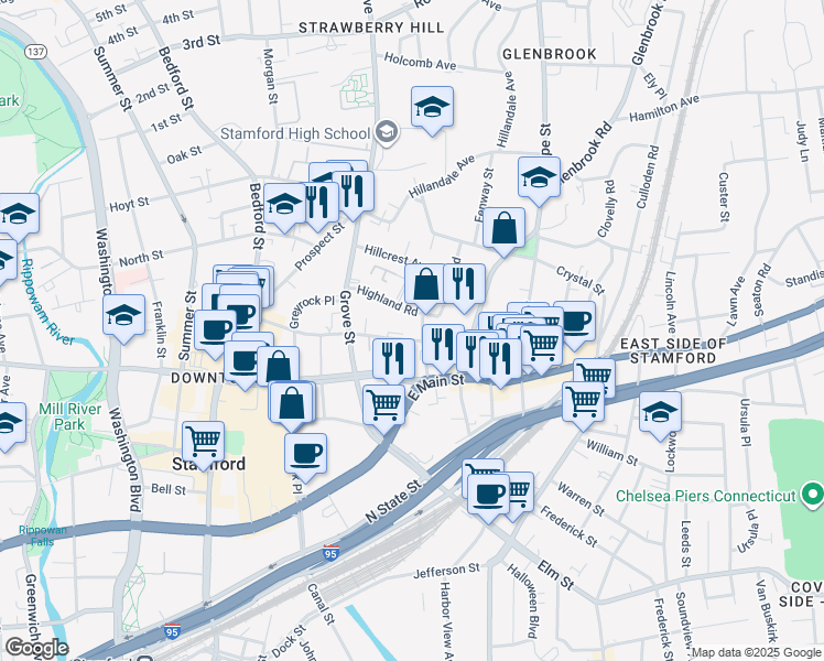 map of restaurants, bars, coffee shops, grocery stores, and more near 164 Forest Street in Stamford