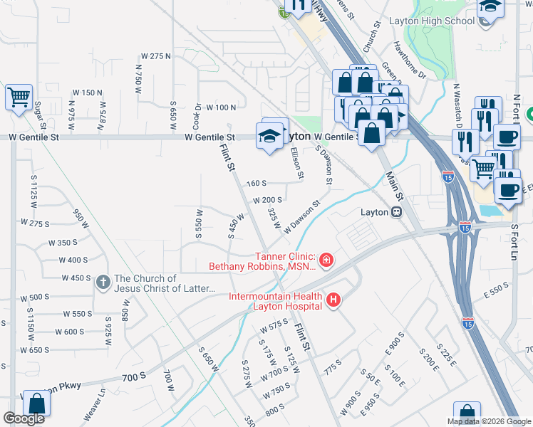 map of restaurants, bars, coffee shops, grocery stores, and more near 249 Melody Avenue in Layton