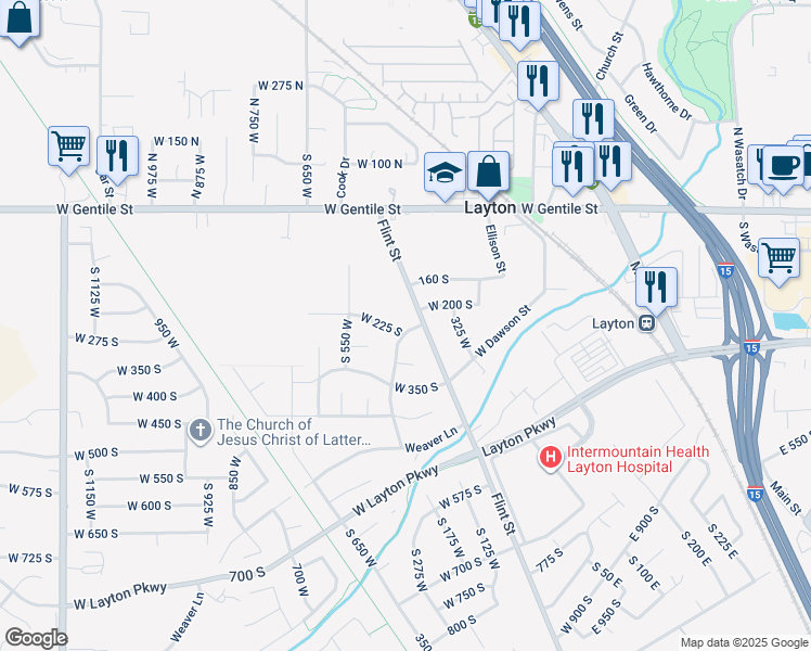 map of restaurants, bars, coffee shops, grocery stores, and more near 264 South 450 West in Layton