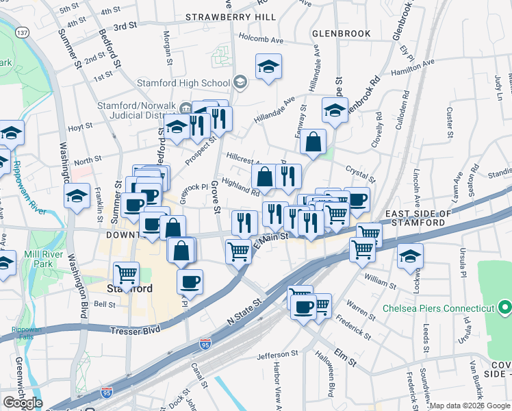 map of restaurants, bars, coffee shops, grocery stores, and more near 164 Forest Street in Stamford