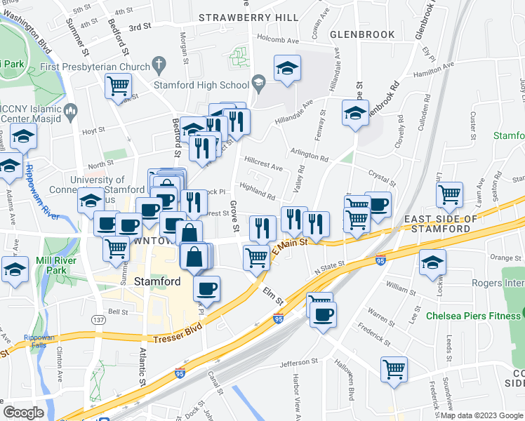 map of restaurants, bars, coffee shops, grocery stores, and more near 109 Forest Street in Stamford