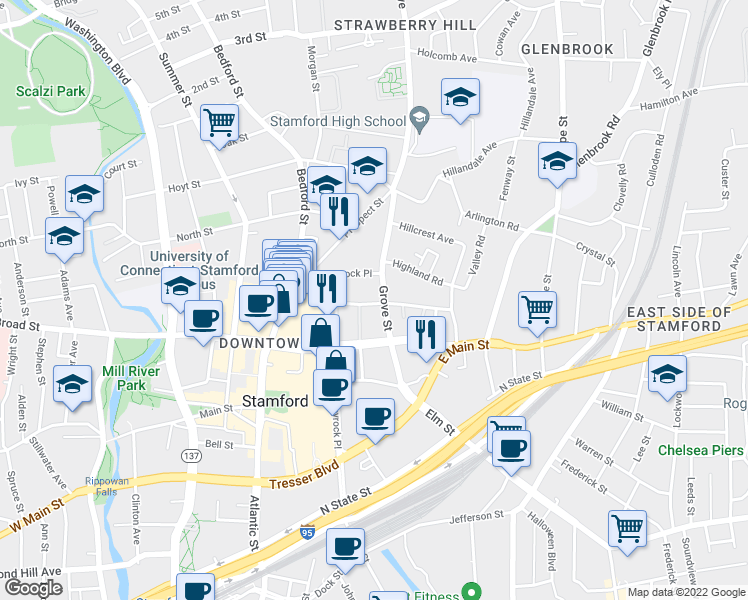 map of restaurants, bars, coffee shops, grocery stores, and more near 144 Forest Street in Stamford