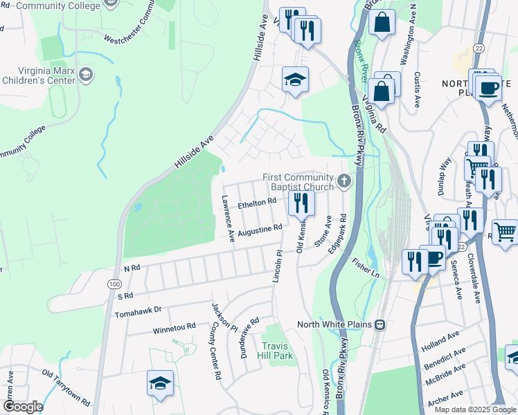 map of restaurants, bars, coffee shops, grocery stores, and more near 27 Cummings Avenue North in White Plains