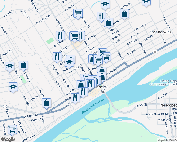 map of restaurants, bars, coffee shops, grocery stores, and more near 328 Bowman Street in Berwick