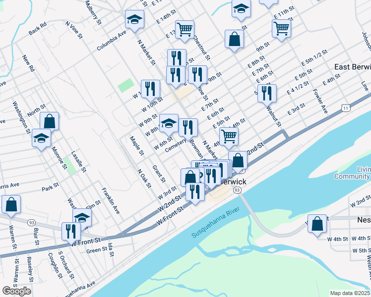 map of restaurants, bars, coffee shops, grocery stores, and more near 346 North Mulberry Street in Berwick