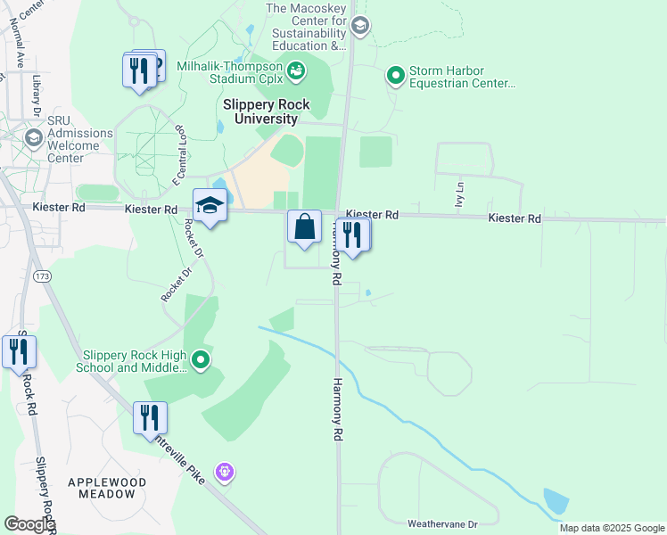 map of restaurants, bars, coffee shops, grocery stores, and more near 807 Cameron Drive in Slippery Rock